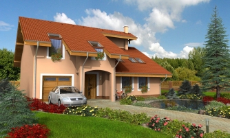 Bright house with a room on the ground floor and a garage.